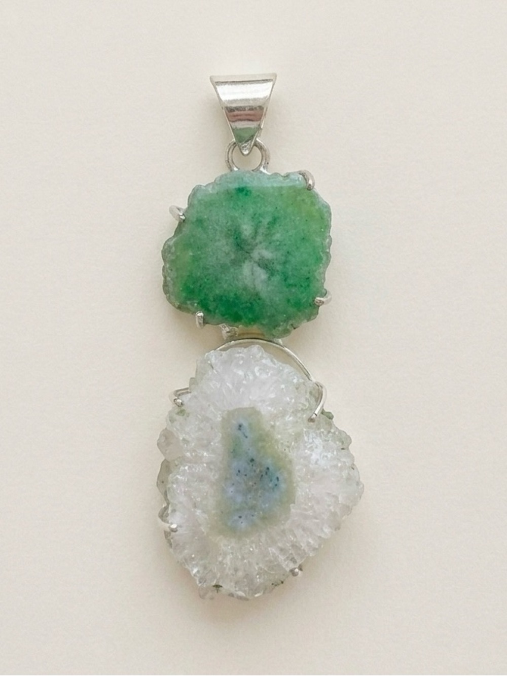 Green and White Druzy Agate Pendant - Natural Stone Jewelry